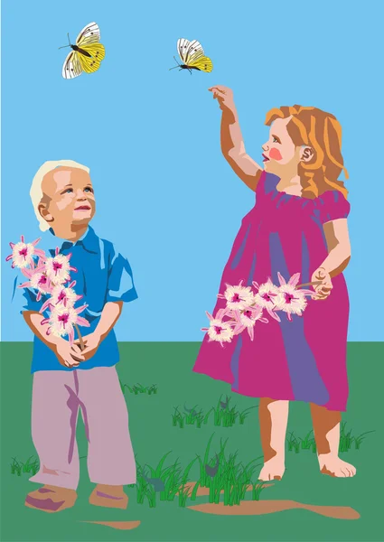 子どもたち、花や蝶 — ストックベクタ