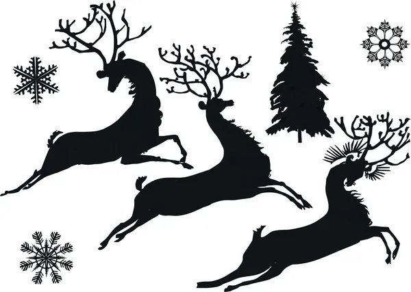 Silhouettes de cerfs et de flocons de neige — Image vectorielle
