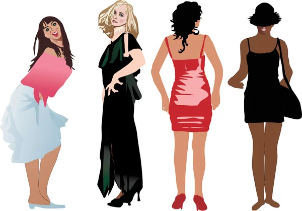 Fyra flickor i olika klänning — Stock vektor