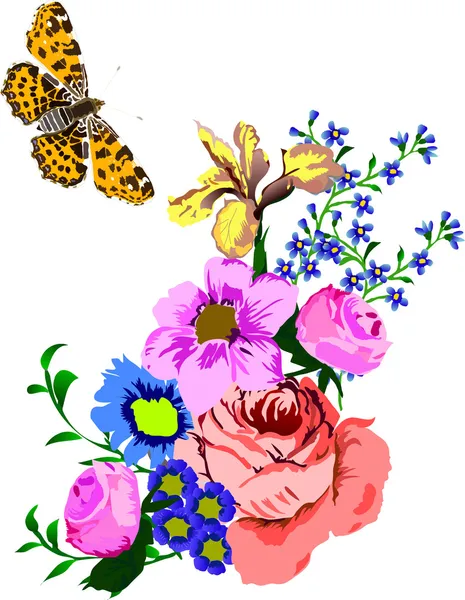 Illustratie met vlinder en bloemen — Stockvector