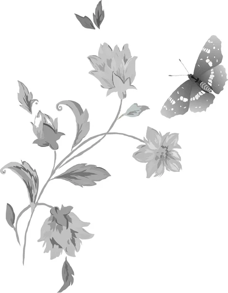 Mariposas y flores en gris — Archivo Imágenes Vectoriales