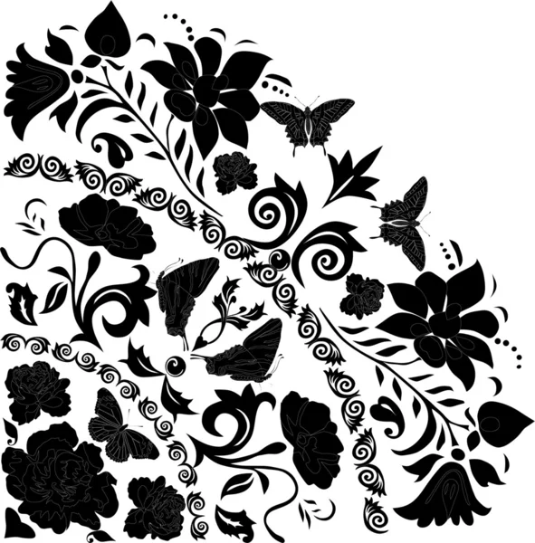 Esquina de mariposas y flores negras — Vector de stock