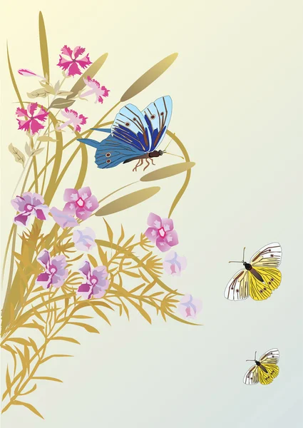 蝴蝶、 草、 花 — 图库矢量图片