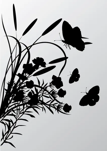 Rohrkolben und Schmetterlinge Silhouetten — Stockvektor