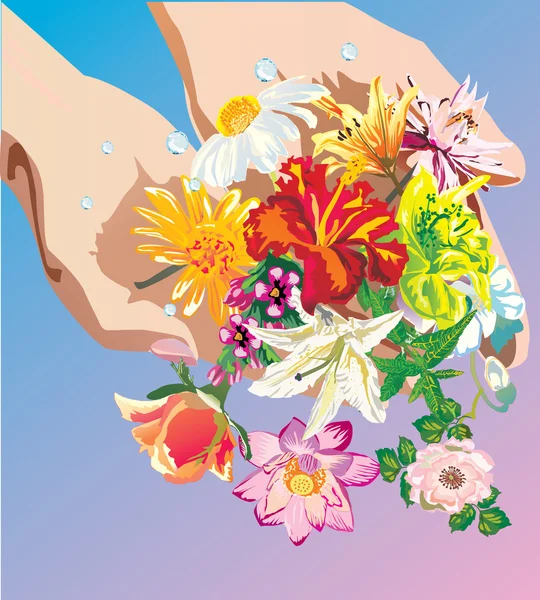 Hands holding flowers — Stock Vector