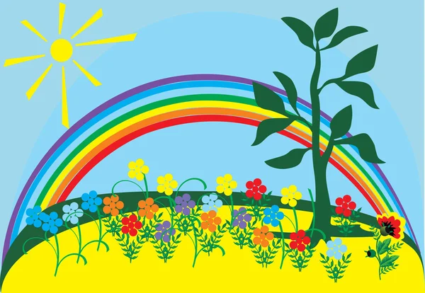 Zon, regenboog en bloemen — Stockvector