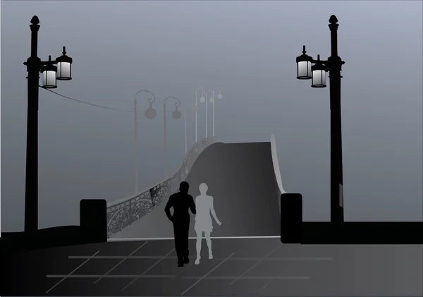 Paar, Brücke und Nebel — Stockvektor