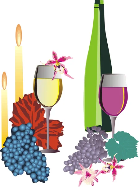 Druiven, wijn glazen en fles — Stockvector