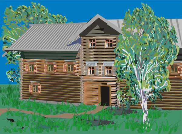 Ilustración con casa de madera — Vector de stock