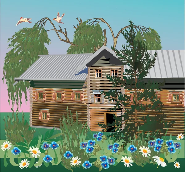 Maison de village et fleurs — Image vectorielle