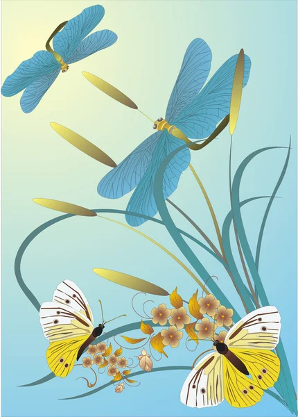 Butterflies, dragonflies and flowers — Stock Vector