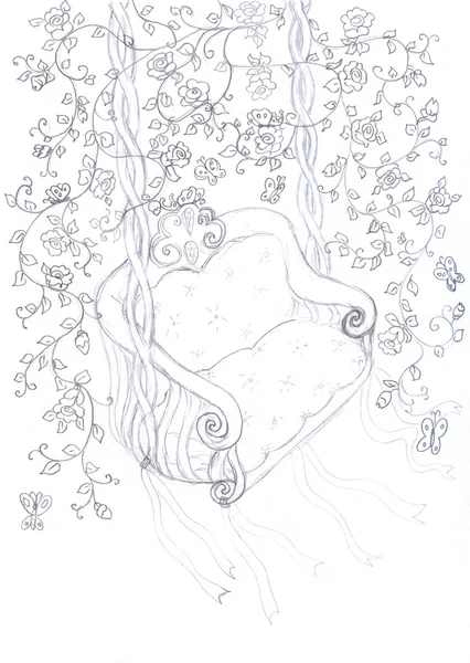 Рисунок качели между цветочными ветвями — стоковое фото