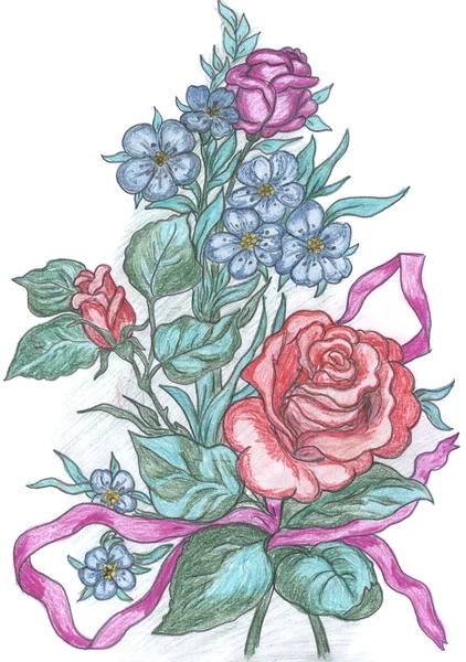 Χρωματισμένα λουλούδια σκίτσο, σχέδιο — Φωτογραφία Αρχείου