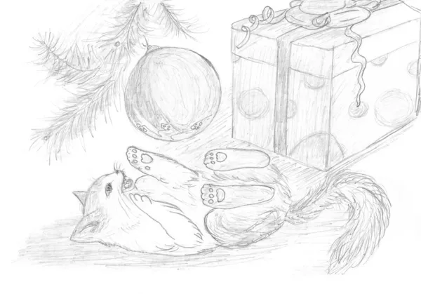 Γάτα παίζει με χριστουγεννιάτικο δέντρο σκίτσο — Φωτογραφία Αρχείου