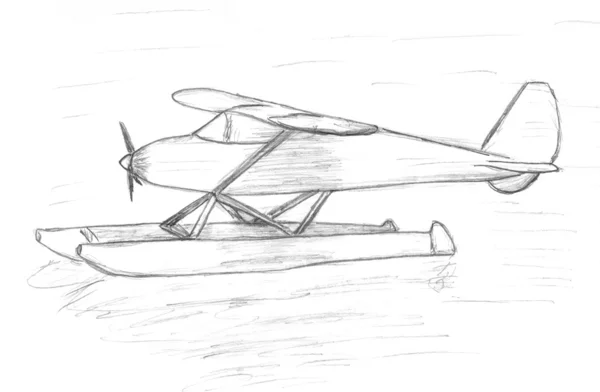 Easy airplane sits on the water, sketch — Stock Photo, Image
