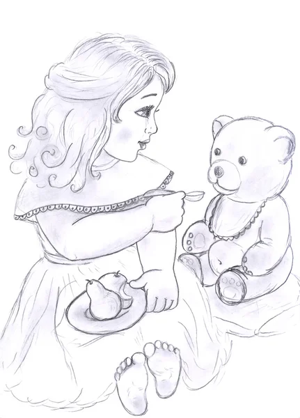 Little girl with bear toy, sketch