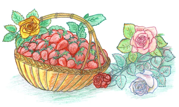 Jahody v koši a růže — Stock fotografie