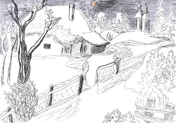 Winter village drawing — Stock Photo, Image