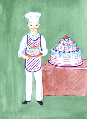 Baker with cake, drawing clipart