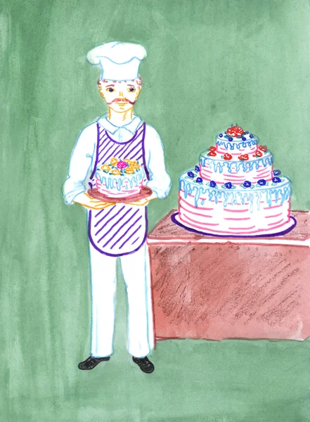 Пекарь с тортом, рисунок — стоковое фото