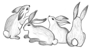 Sitting rabbits group, sketch clipart