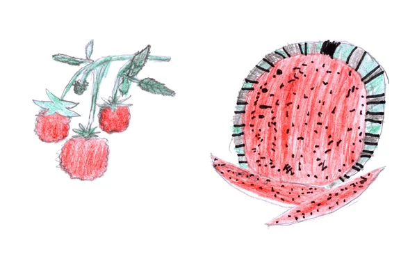 Raspberry and watermelon kid`s drawing — Stock Photo, Image