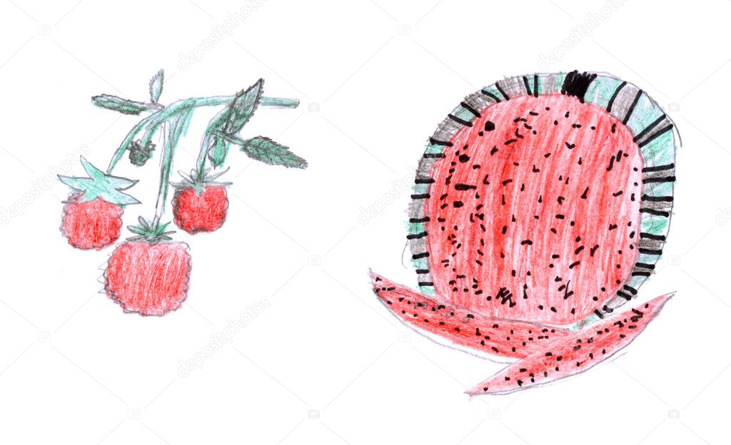 Raspberry and watermelon kid`s drawing