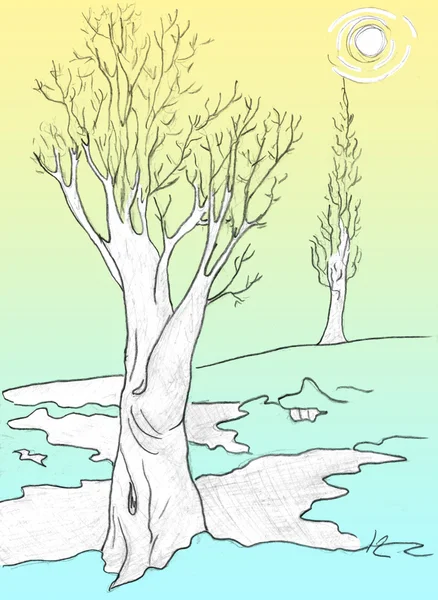 Deshielo de primavera, dibujo de árboles —  Fotos de Stock