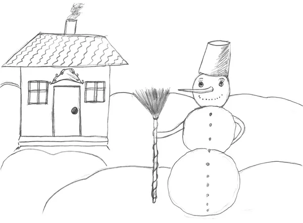 Christmas snowman near house, drawing