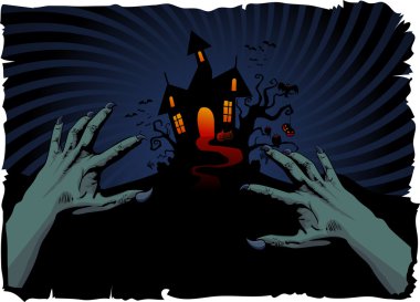 Halloween house and zombie's hands clipart