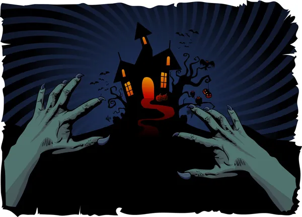 Halloween dům a zombie ruce — Stockový vektor