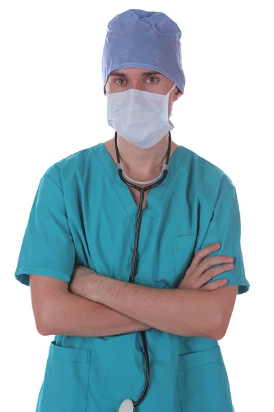Доктор на белом фоне в маске — стоковое фото