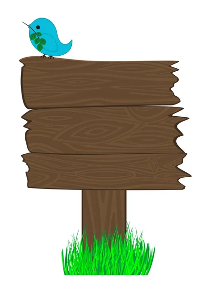 空白の木製看板とそれ上の鳥 — ストックベクタ