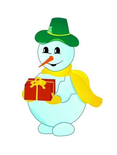 Kerstmis sneeuwpop met cadeau — Stockvector