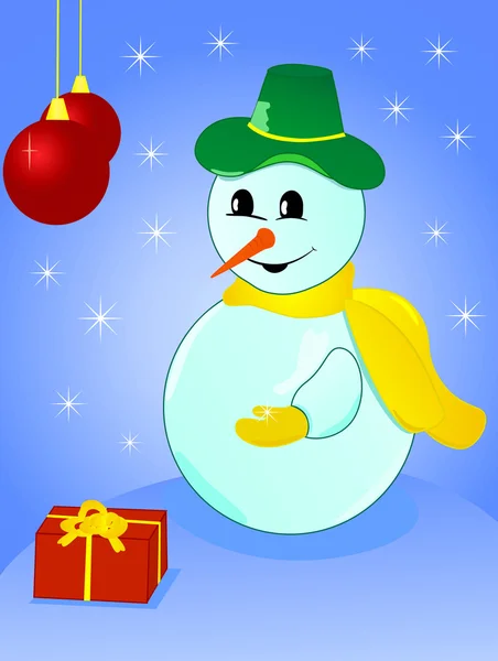 Christmas snowman with gift — Stock Vector
