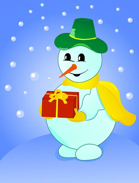 Sneeuwpop met gift op winter achtergrond — Stockvector