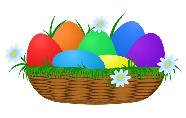 Oeufs de Pâques colorés dans le panier en osier — Image vectorielle