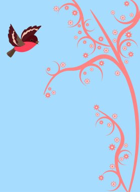 Cute bird flying on pink branch clipart