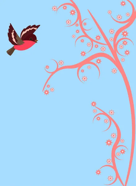 Cute bird flying on pink branch — Stock Vector