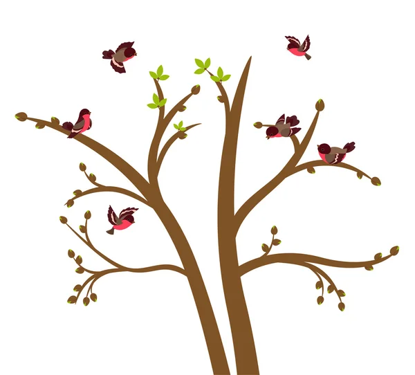Pequeños pájaros cantan en el árbol de primavera — Vector de stock