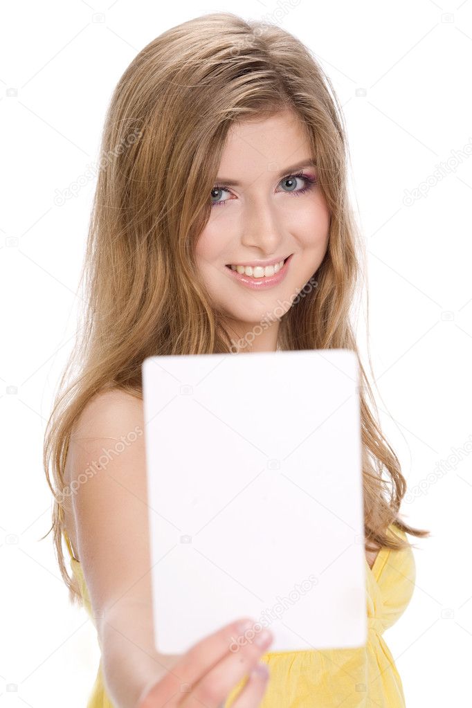 Woman holding blank card
