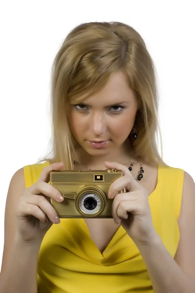The girl with the gold camera — Stock Photo, Image