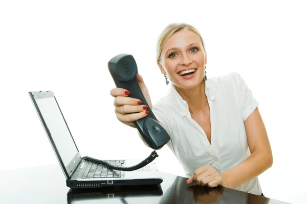 A secretária submete telefone, isolado em branco — Fotografia de Stock