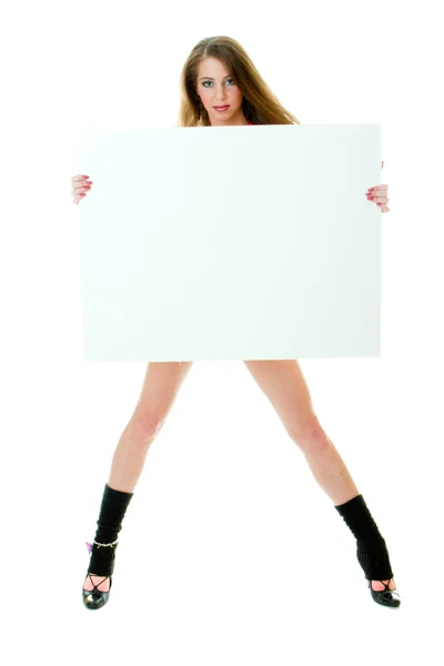 Mulher segurando um sinal ou uma placa — Fotografia de Stock