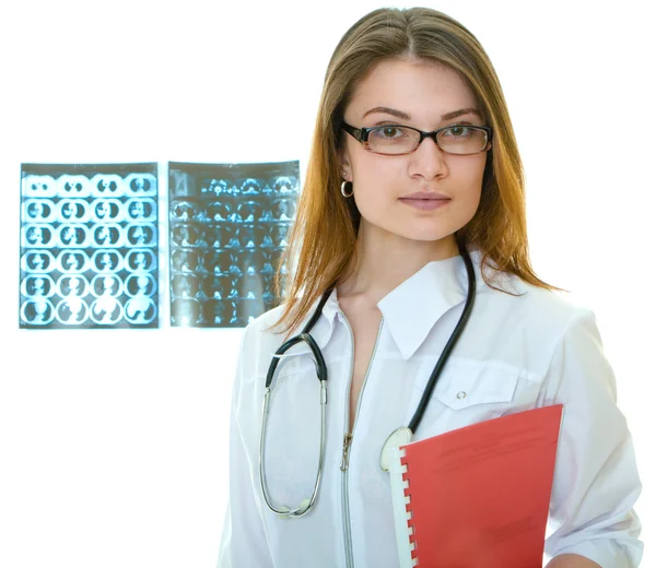 Retrato médico de mujer con radiografías en backgr Imágenes de stock libres de derechos