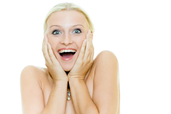 Portret van de jonge blij verrast blonde vrouw — Stockfoto