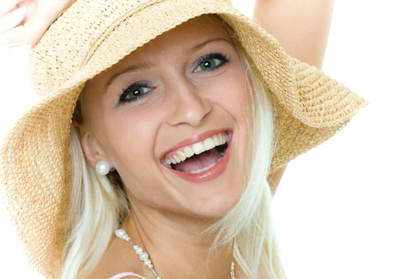 Portret van de jonge blonde vrouw in hoed — Stockfoto