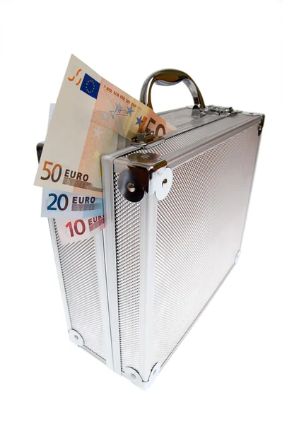 Euro cash in silver suitcase isolated — Stock Photo, Image
