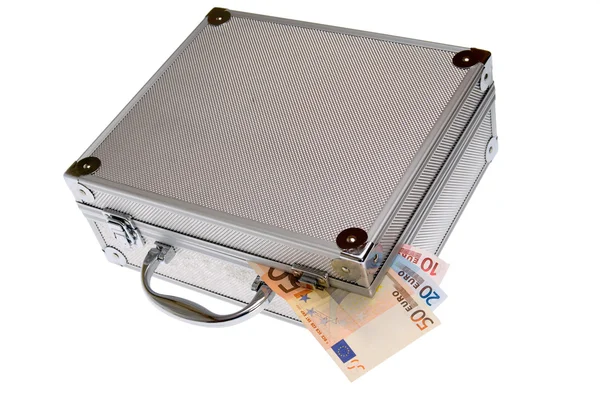 Euro cash in silver suitcase isolated — Stock Photo, Image