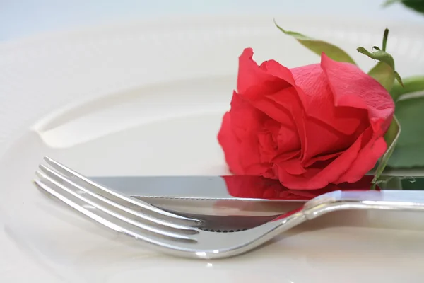 在餐具上的一朵玫瑰 — 图库照片